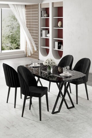 Set masă și scaune (5 bucăți), Hanah Home, Kaye, Marmură neagră / Negru