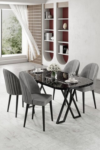 Set masă și scaune (5 bucăți), Hanah Home, Kaye, Marmură neagră / Gri
