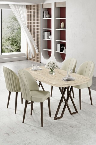 Set masă și scaune (5 bucăți), Hanah Home, Kaye, Travertin / Crem