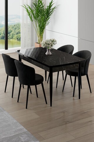 Set masa extensibila si scaune, Hanah Home, Asfel, Marmură neagră / Negru