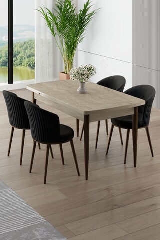 Set masa extensibila si scaune, Hanah Home, Asfel, Travertin / Negru