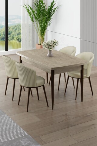 Set masa extensibila si scaune, Hanah Home, Asfel, Travertin / Crem