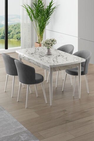 Set masa extensibila si scaune, Hanah Home, Asfel, Marmură albă / Gri
