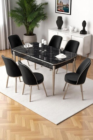 Set masa extensibila si scaune, Hanah Home, Nira, Marmură neagră / Crom / Negru