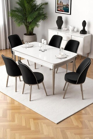 Set masa extensibila si scaune, Hanah Home, Nira, Alb / Crom / Negru