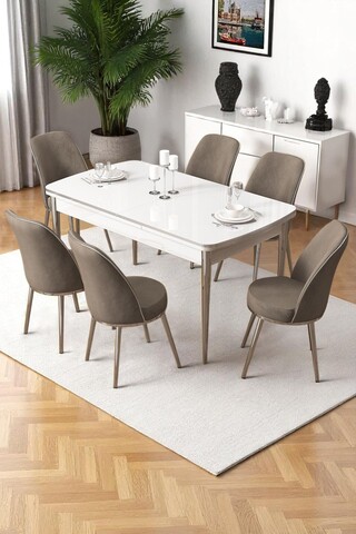 Set masa extensibila si scaune, Hanah Home, Nira, Alb / Crom / Cappuccino