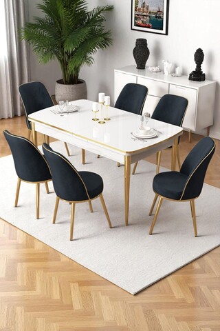 Set masa extensibila si scaune, Hanah Home, Nira, Alb / Auriu / Antracit