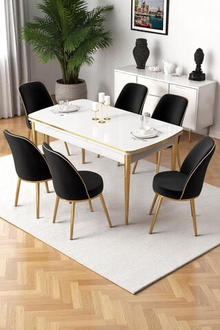 Set masa extensibila si scaune, Hanah Home, Nira, Alb / Auriu / Negru