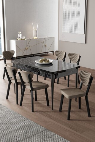 Set masa extensibila si scaune, Hanah Home, Exve, Marmură neagră / Cappuccino