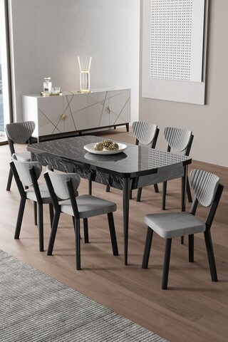 Set masa extensibila si scaune, Hanah Home, Exve, Marmură neagră / Gri