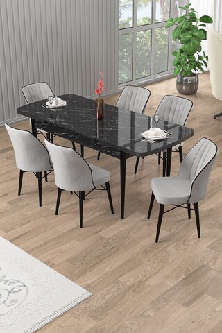 Set masa extensibila si scaune, Hanah Home, Uzi, Marmură neagră / Gri
