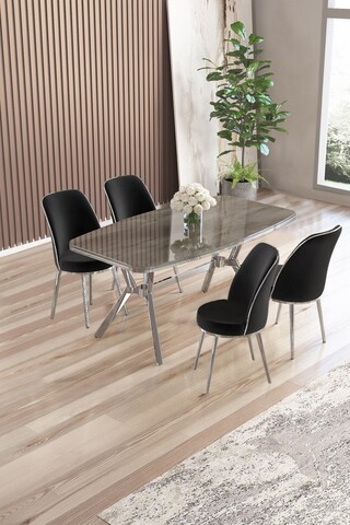 Set masă și scaune (5 bucăți), Hanah Home, Lena, Antracit / Crom / Negru