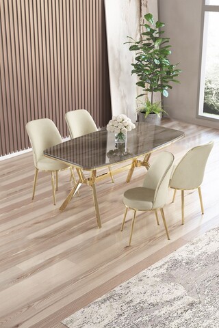 Set masă și scaune (5 bucăți), Hanah Home, Lena, Antracit / Auriu / Crem