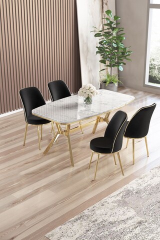 Set masă și scaune (5 bucăți), Hanah Home, Lena, Marmură albă / Auriu / Negru