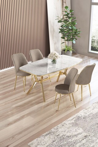 Set masă și scaune (5 bucăți), Hanah Home, Lena, Marmură albă / Auriu / Cappuccino