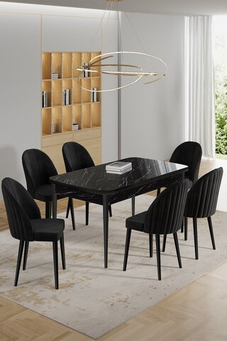 Set masa extensibila si scaune, Hanah Home, Enya, Marmură neagră / Negru