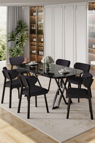 Set masă și scaune (7 piese), Hanah Home, Axton, Marmură neagră / Antracit