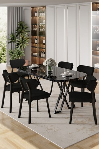 Set masă și scaune (7 piese), Hanah Home, Axton, Marmură neagră / Negru