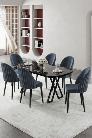 Set masă și scaune (7 piese), Hanah Home, Kaye, Marmură neagră / Antracit