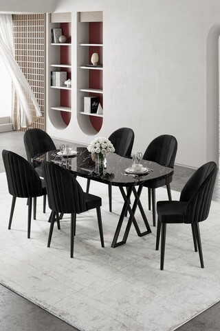 Set masă și scaune (7 piese), Hanah Home, Kaye, Marmură neagră / Negru