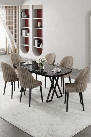 Set masă și scaune (7 piese), Hanah Home, Kaye, Marmură neagră / Cappuccino