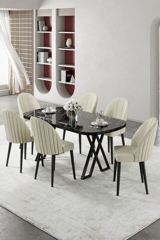 Set masă și scaune (7 piese), Hanah Home, Kaye, Marmură neagră / Crem