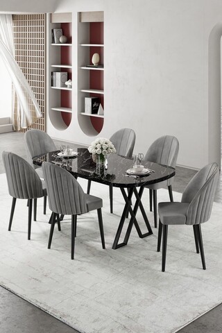 Set masă și scaune (7 piese), Hanah Home, Kaye, Marmură neagră / Gri