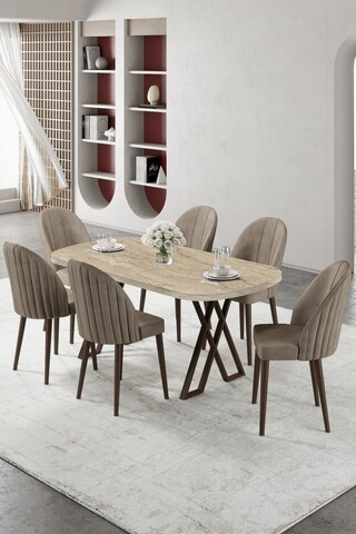 Set masă și scaune (7 piese), Hanah Home, Kaye, Travertin / Cappuccino