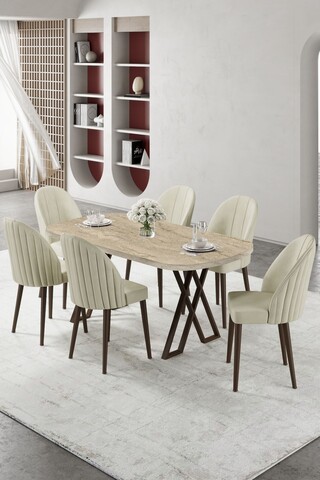 Set masă și scaune (7 piese), Hanah Home, Kaye, Travertin / Crem
