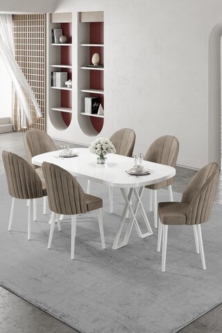 Set masă și scaune (7 piese), Hanah Home, Kaye, Alb / Cappuccino