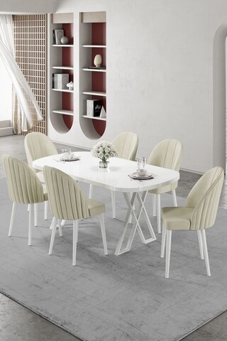 Set masă și scaune (7 piese), Hanah Home, Kaye, Alb / Crem