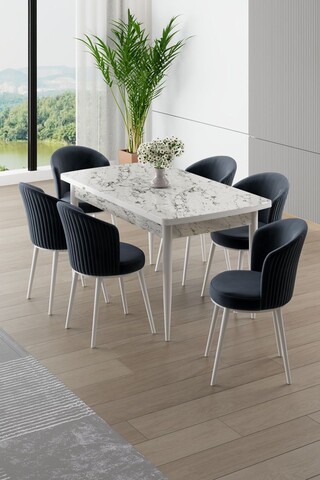 Set masa extensibila si scaune, Hanah Home, Asfel, MARMURĂ ALBĂ / ANTRACIT
