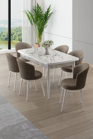 Set masa extensibila si scaune, Hanah Home, Asfel, Marmură albă / Cappuccino