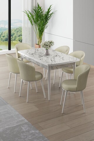 Set masa extensibila si scaune, Hanah Home, Asfel, Marmură albă / Crem