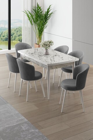 Set masa extensibila si scaune, Hanah Home, Asfel, Marmură albă / Gri