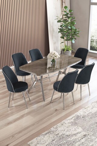 Set masă și scaune (7 piese), Hanah Home, Lena, Antracit / Crom