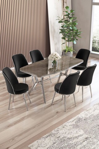 Set masă și scaune (7 piese), Hanah Home, Lena, Antracit / Crom / Negru