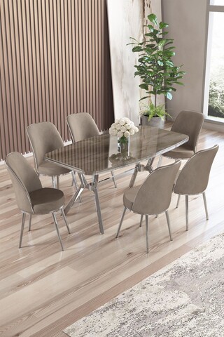 Set masă și scaune (7 piese), Hanah Home, Lena, Antracit / Crom / Cappuccino