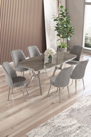 Set masă și scaune (7 piese), Hanah Home, Lena, Antracit / Crom / Gri