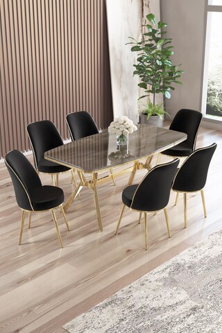 Set masă și scaune (7 piese), Hanah Home, Lena, Antracit / Aur / Negru