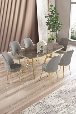 Set masă și scaune (7 piese), Hanah Home, Lena, Antracit / Auriu / Gri