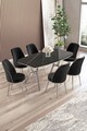 Set masă și scaune (7 piese), Hanah Home, Lena, Marmură neagră / Crom / Negru