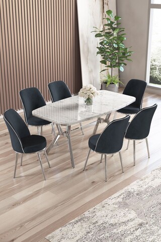 Set masă și scaune (7 piese), Hanah Home, Lena, Marmură albă / Crom / Antracit