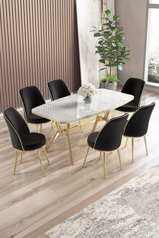 Set masă și scaune (7 piese), Hanah Home, Lena, Marmură albă / Auriu / Negru