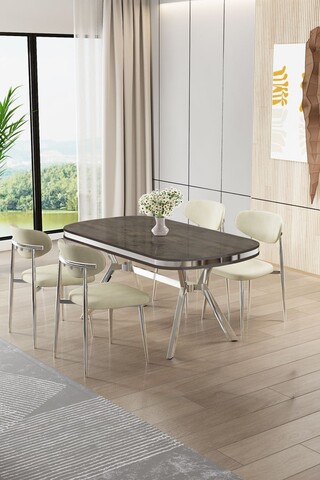 Set masă și scaune (5 bucăți), Hanah Home, Olya, Antracit / Crom / Crem