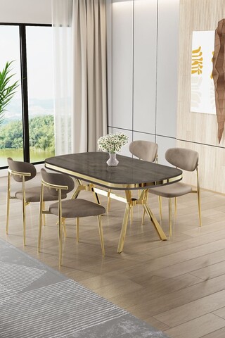 Set masă și scaune (5 bucăți), Hanah Home, Olya, Antracit / Auriu / Cappuccino