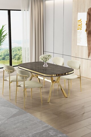 Set masă și scaune (5 bucăți), Hanah Home, Olya, Antracit / Auriu / Crem