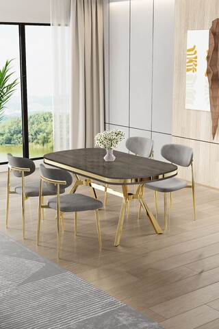 Set masă și scaune (5 bucăți), Hanah Home, Olya, Antracit / Auriu / Gri