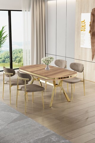 Set masă și scaune (5 bucăți), Hanah Home, Olya, Stejar / Auriu / Cappuccino
