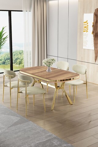 Set masă și scaune (5 bucăți), Hanah Home, Olya, Stejar / Auriu / Crem